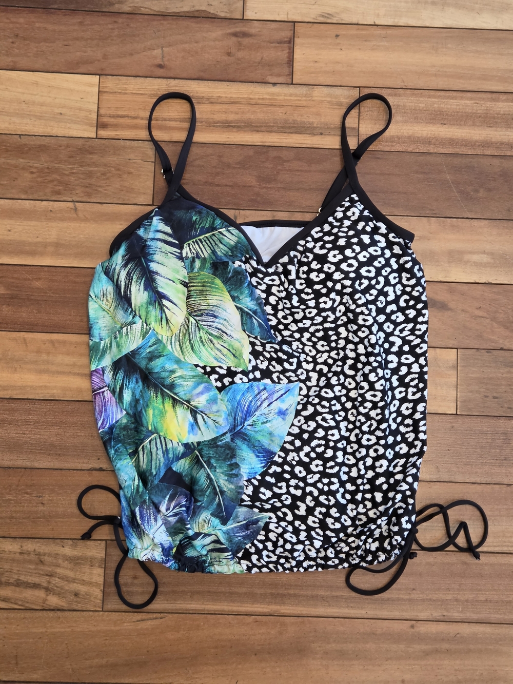 24th & Ocean Black White Leopard+Tropical Swim Top Small Tie Sides Adjustable